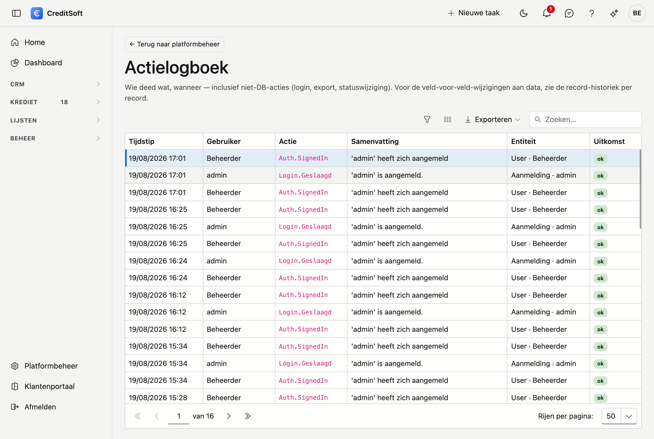 Het actielogboek: wie deed wat, en wanneer Het scherm Actielogboek in CreditSoft: een tabel met de kolommen Tijdstip, Gebruiker, Actie, Samenvatting, Entiteit en Uitkomst, gevuld met aanmeldingen en beheerhandelingen.