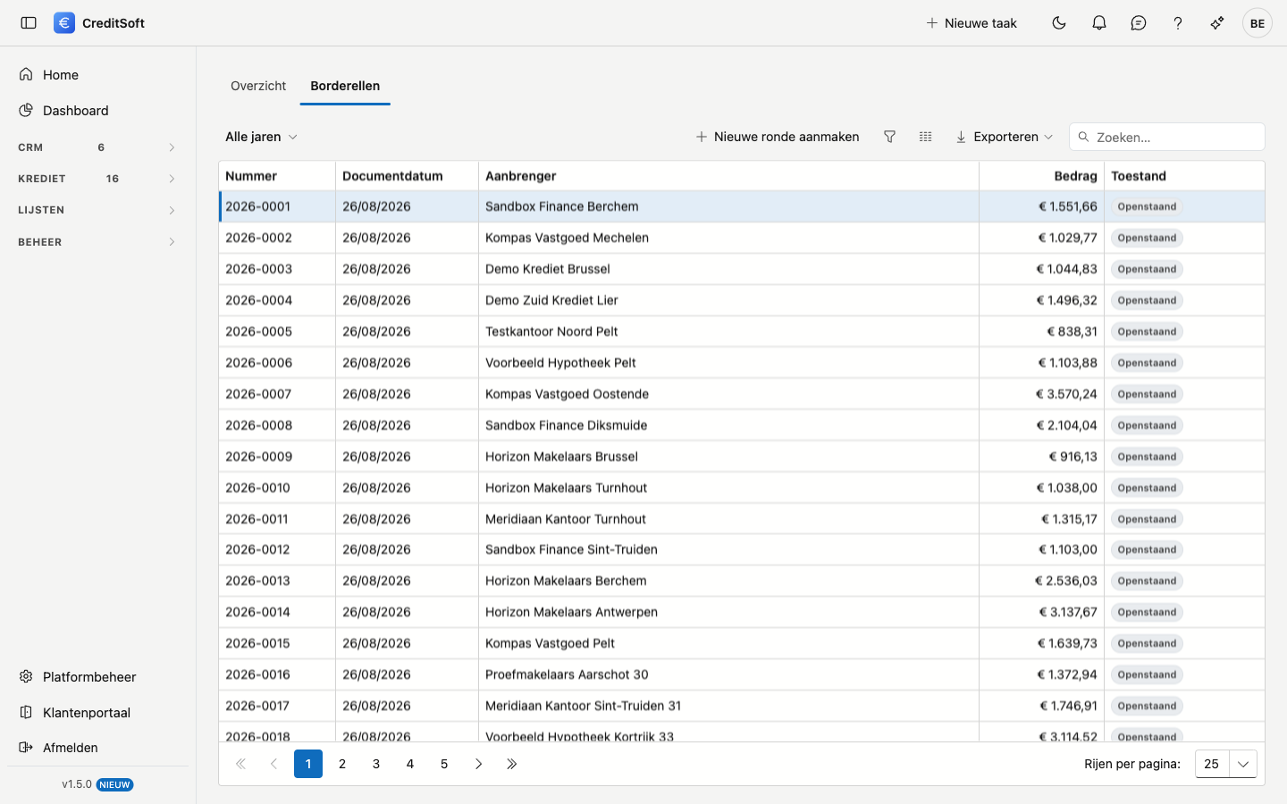 Elk borderel dat u aanmaakte, met zijn toestand Het tabblad Borderellen: een lijst met per rij het nummer, de documentdatum, de aanbrenger, het bedrag en de toestand, met bovenaan de knop Nieuwe ronde aanmaken.