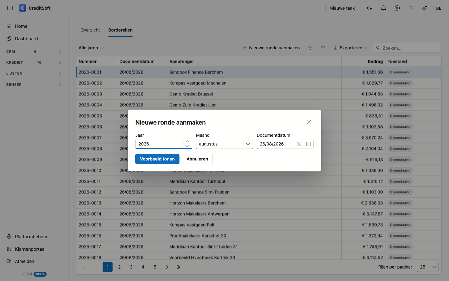 Jaar, periode en documentdatum kiezen Het venster Nieuwe ronde aanmaken met de velden Jaar, Maand en Documentdatum ingevuld, en de knoppen Voorbeeld tonen en Annuleren eronder.