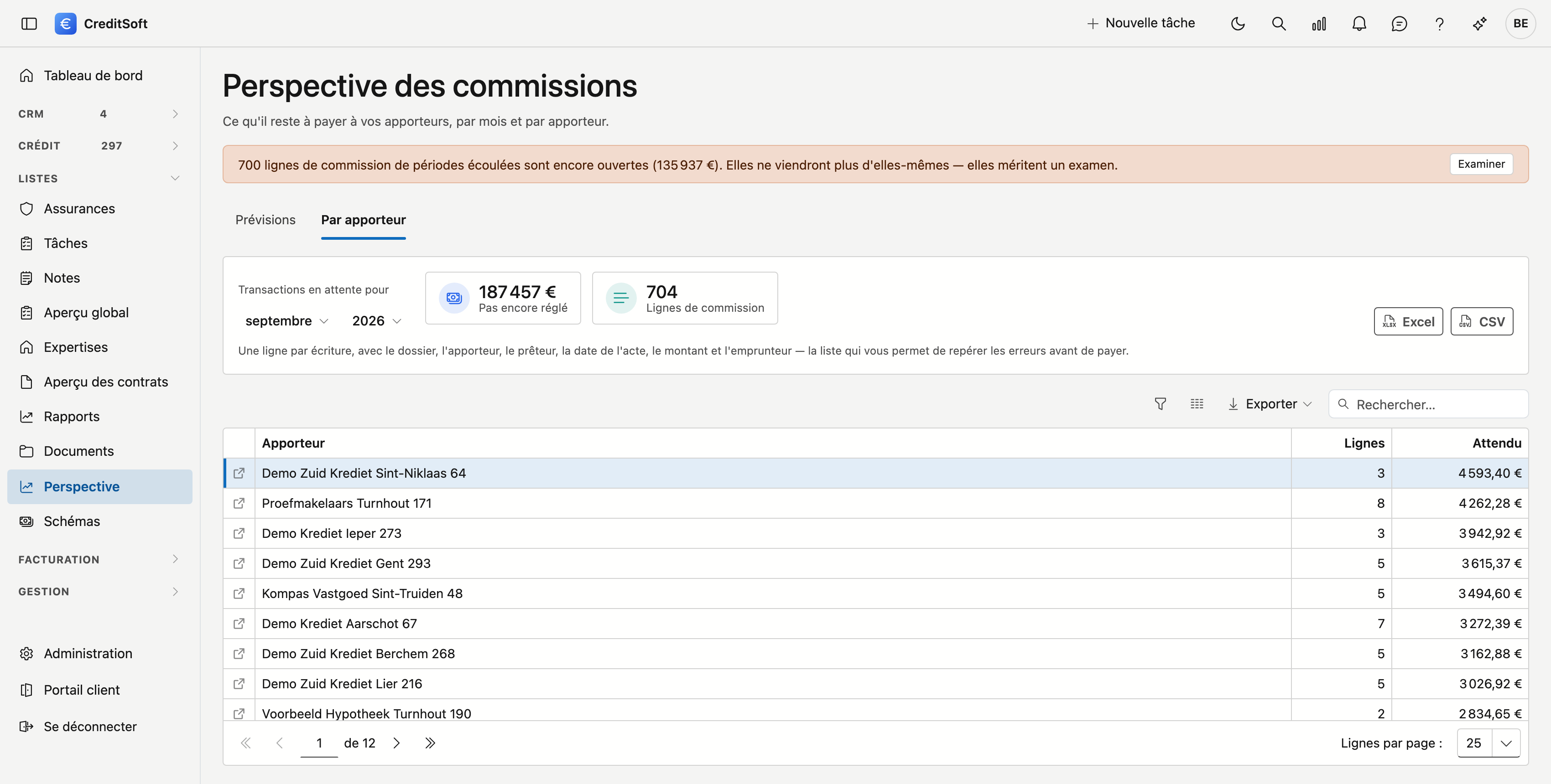 La liste par apporteur suit le mois choisi en haut L'onglet Par apporteur : en haut un choix de mois et d'année avec à côté le montant pas encore réglé et le nombre de lignes de commission, les boutons Excel et CSV, et en dessous la liste indiquant par apporteur le nombre de lignes et le montant de ce mois.