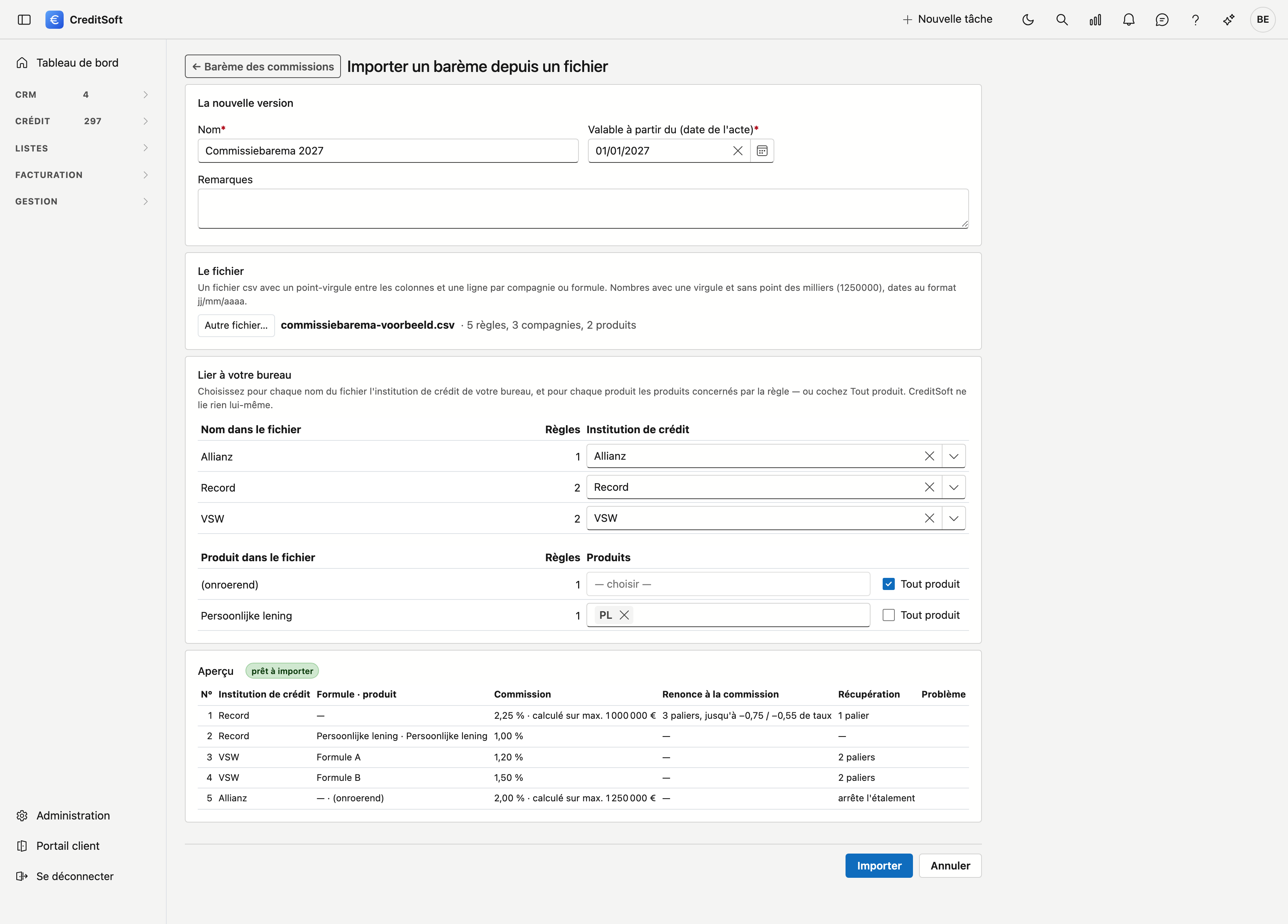 Importer une version depuis un fichier La page Importer un barème depuis un fichier : en haut le nom et la date Valable à partir du de la nouvelle version, en dessous le fichier choisi avec le nombre de règles, de compagnies et de produits, le bloc Lier à votre bureau avec par compagnie une institution de crédit et par produit les produits ou la case Tout produit, et en bas l'aperçu avec l'étiquette prêt à importer.