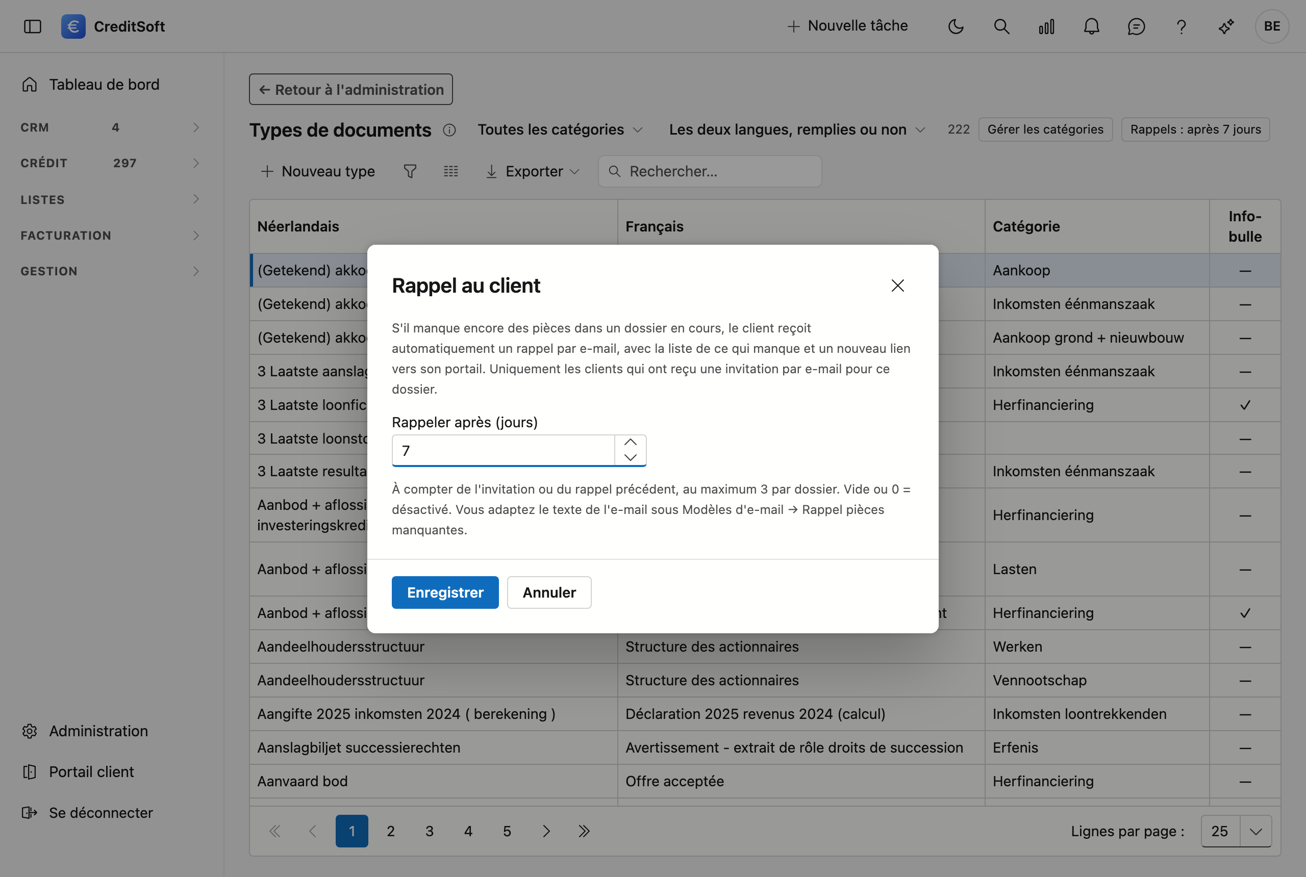 Après combien de jours votre client reçoit un rappel La fenêtre Rappel au client : une courte explication, le champ Rappeler après (jours) avec la valeur 7, et la précision qu'au maximum 3 rappels partent par dossier.