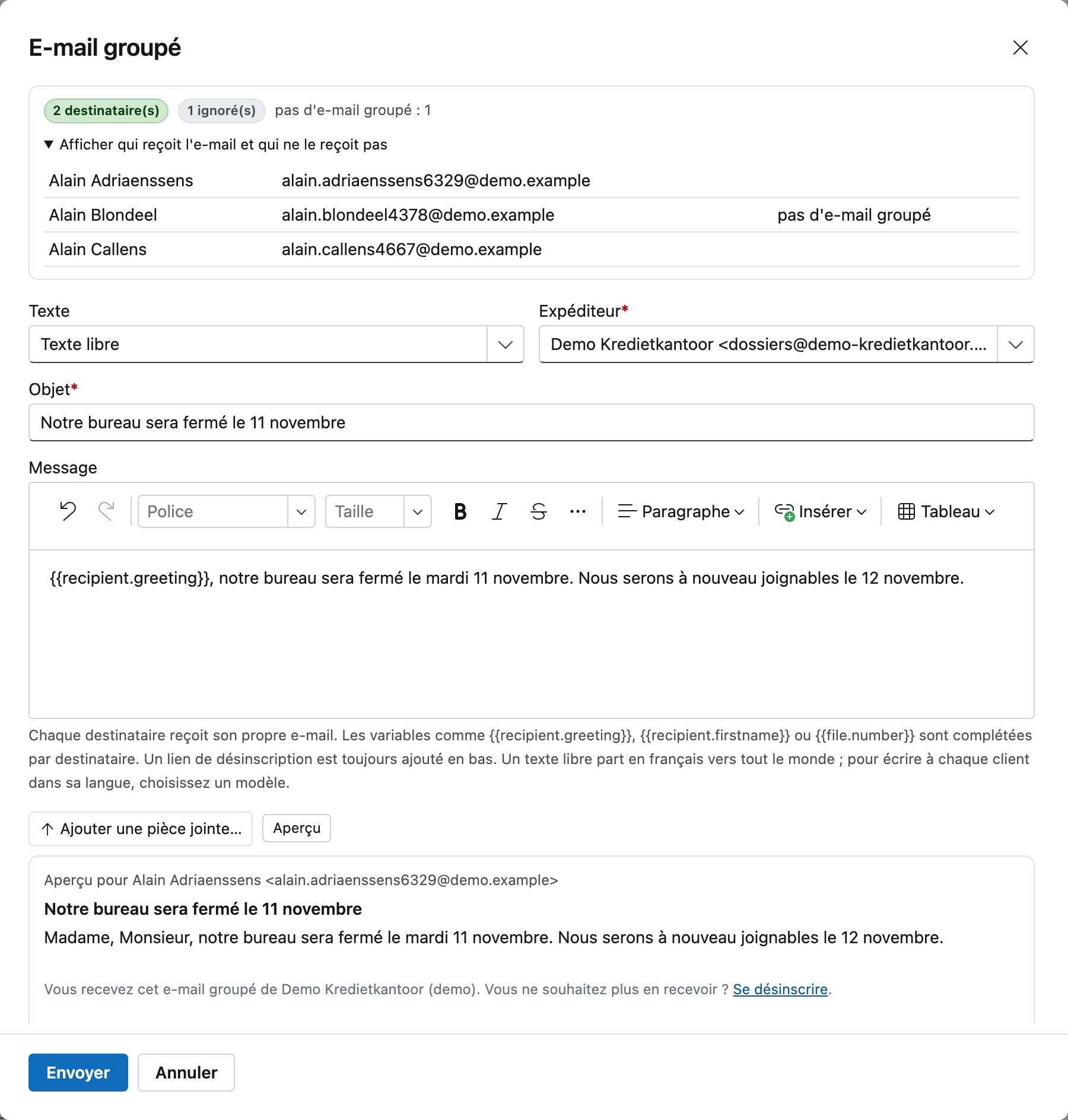 Un e-mail groupé : d'abord qui le reçoit, puis le texte et l'aperçu La fenêtre E-mail groupé depuis Relations avec trois relations cochées : en haut 2 destinataires et 1 ignoré pour la raison pas d'e-mail groupé, en dessous la liste dépliée avec pour chaque relation le nom, l'adresse e-mail et la raison, puis Texte sur Texte libre, l'Expéditeur, l'Objet et le Message avec la variable de la formule d'appel, et en bas l'aperçu pour le premier destinataire avec la formule d'appel complétée et le lien de désinscription.