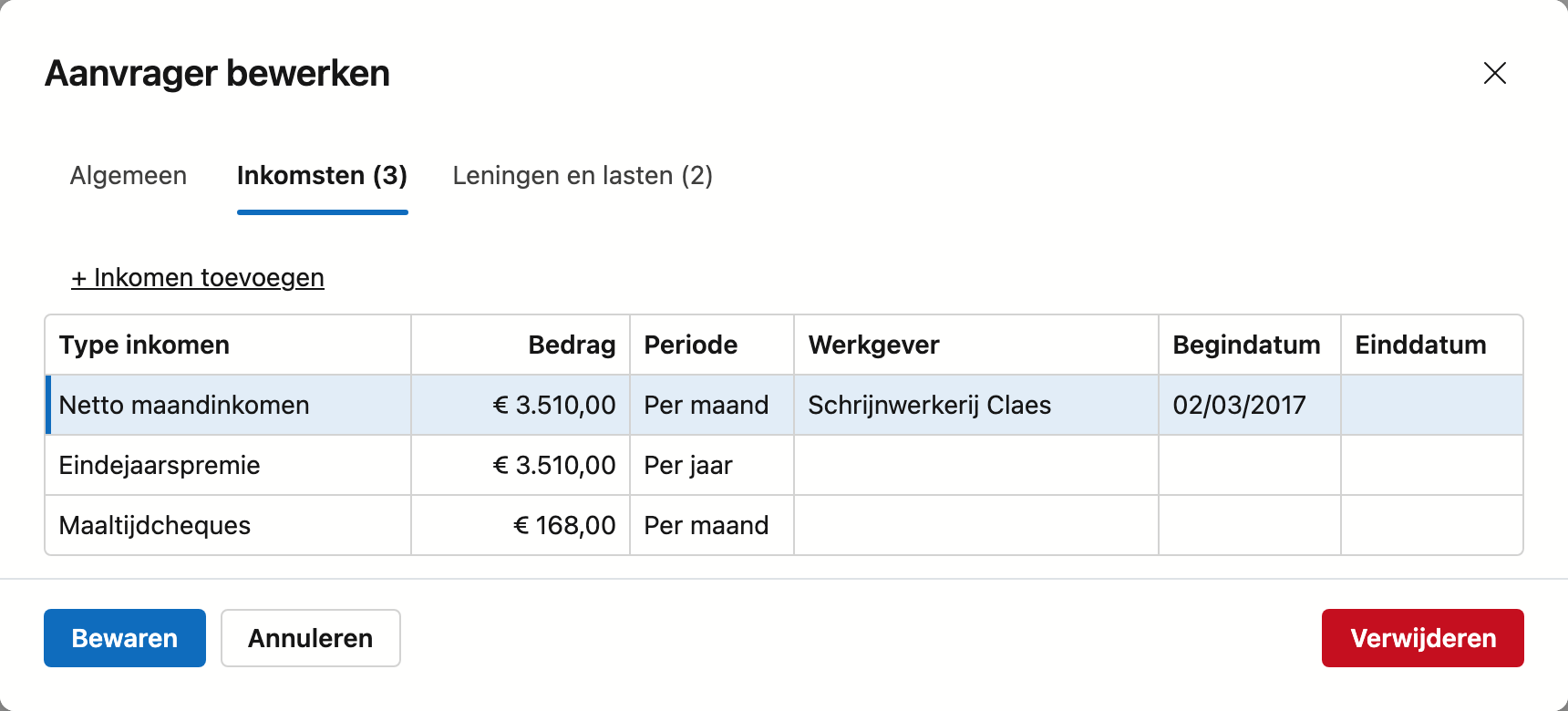 Het venster van een aanvrager, met zijn inkomsten Het venster van een kredietaanvrager op het tabblad Inkomsten: bovenaan de tabbladen Algemeen, Inkomsten en Leningen en lasten, elk met een teller, daaronder de knop Inkomen toevoegen en een lijst met per inkomen het type, het bedrag, de periode per maand of per jaar, de werkgever en de begin- en einddatum; onderaan de knoppen Bewaren, Annuleren en Verwijderen.