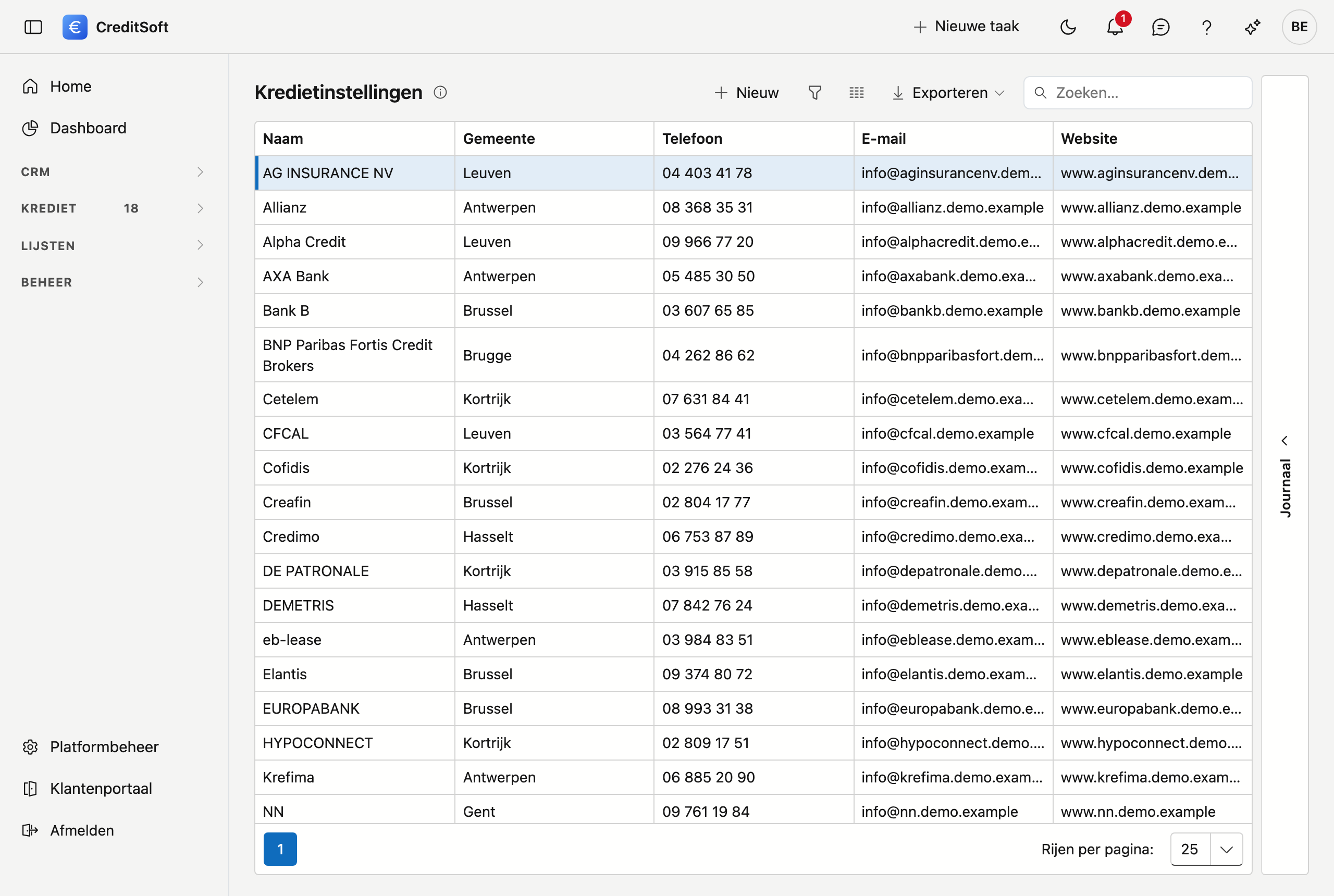Overzicht van de kredietinstellingen waarmee het kantoor samenwerkt Het scherm Kredietinstellingen in CreditSoft: een lijst van banken en kredietverstrekkers met kolommen voor naam, gemeente, telefoon, e-mail en website, met bovenaan de knoppen Nieuw en Exporteren en een zoekveld.