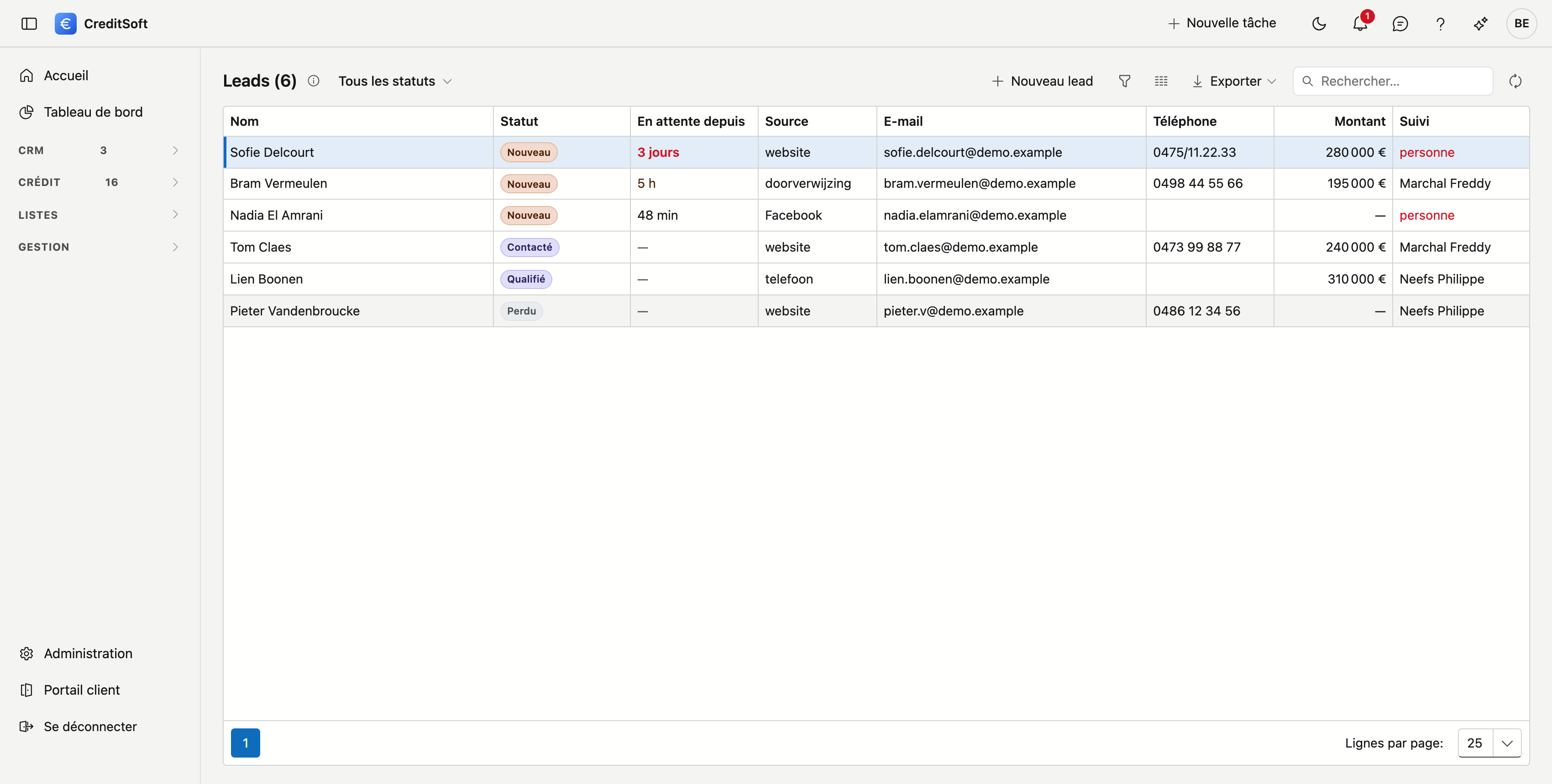 La liste de travail de vos entrées, celui qui attend le plus longtemps en tête L'écran Leads dans CreditSoft : une liste avec les colonnes nom, statut, attend depuis, source, e-mail, téléphone, montant et suivi, avec en haut un filtre par statut et le bouton Nouveau lead.