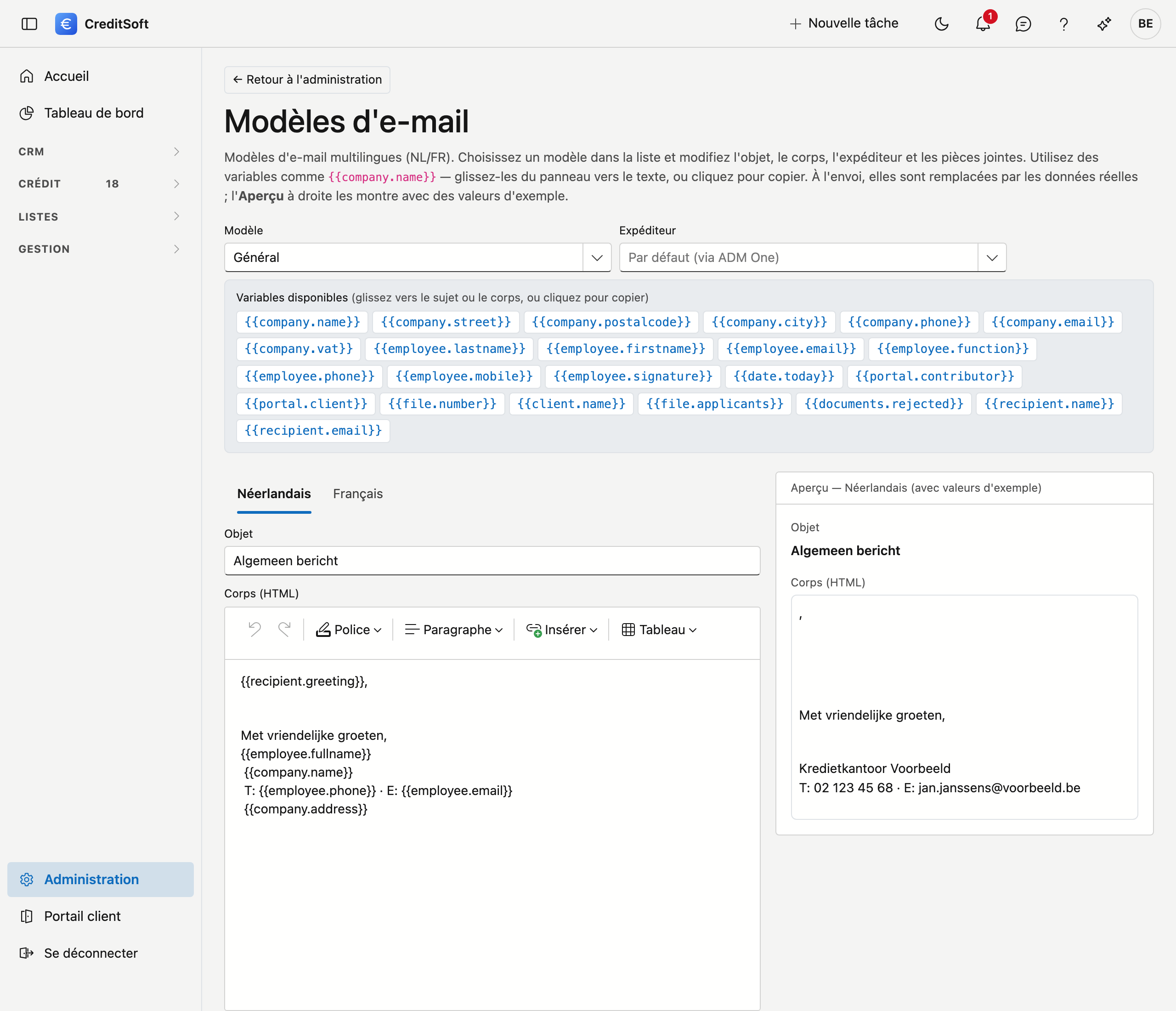 Modifier un modèle d'e-mail, avec l'aperçu à côté L'écran Modèles d'e-mail dans CreditSoft : en haut le choix du modèle et de l'expéditeur, en dessous à gauche les onglets Néerlandais et Français avec l'objet et un éditeur de texte pour le contenu, et à droite un aperçu de l'e-mail.