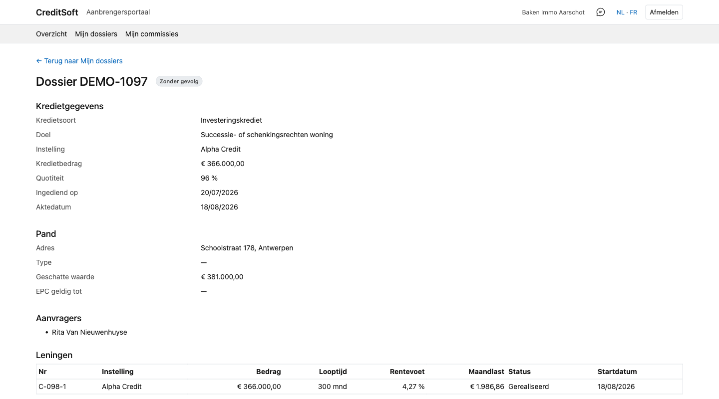 Een dossier openen in het aanbrengersportaal Een geopend dossier in het aanbrengersportaal met de blokken Kredietgegevens, Pand, Aanvragers en Leningen onder elkaar, en het documentenblok onderaan.