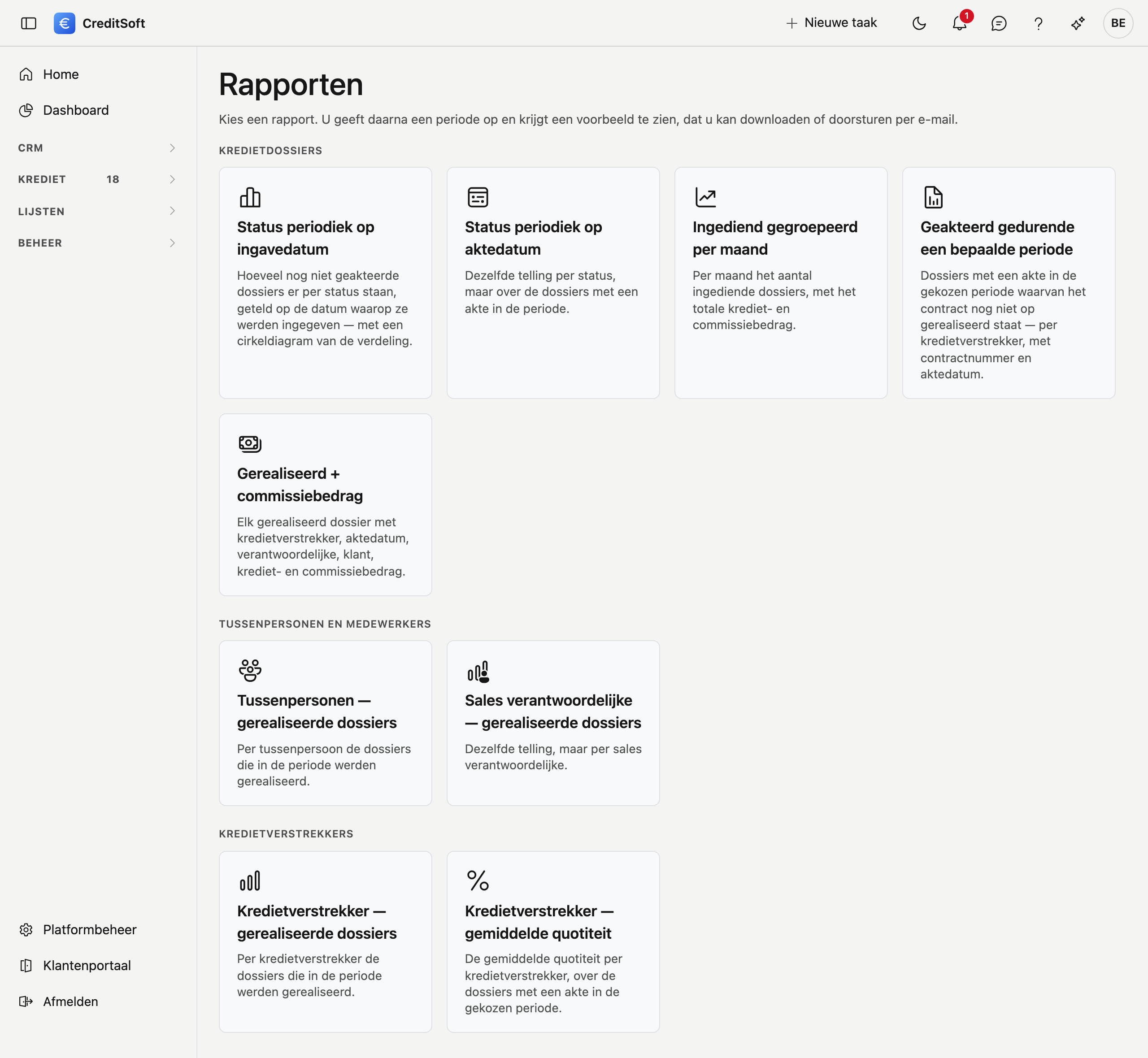 De negen rapporten, gegroepeerd per onderwerp De rapportenbibliotheek met negen tegels in drie groepen: Kredietdossiers met Status periodiek op ingavedatum, Status periodiek op aktedatum, Ingediend gegroepeerd per maand, Geakteerd gedurende een bepaalde periode en Gerealiseerd + commissiebedrag; Tussenpersonen en medewerkers met twee tegels; Kredietverstrekkers met de gerealiseerde dossiers en de gemiddelde quotiteit.