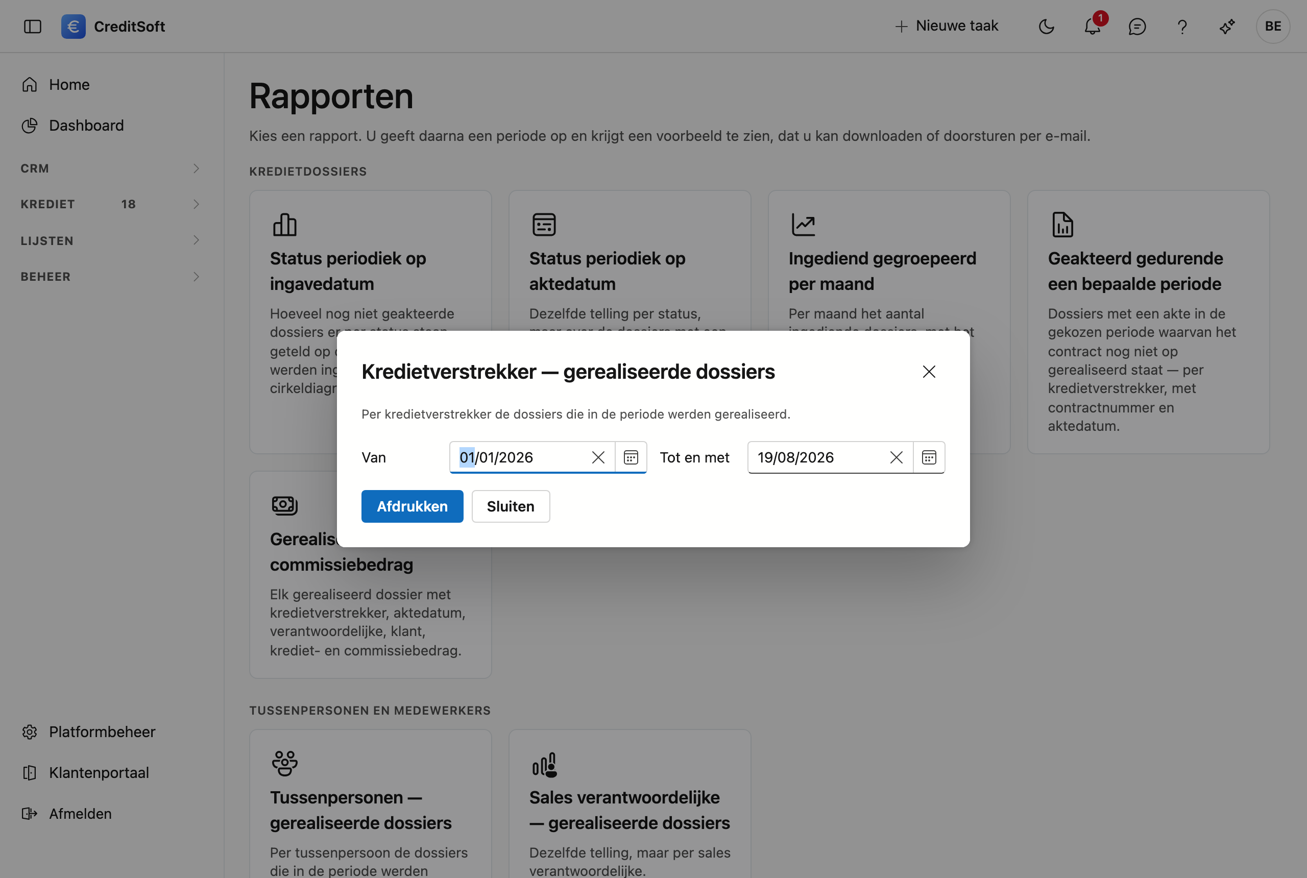U geeft enkel een periode op; het rapport koos u met de tegel Het venster van het rapport Kredietverstrekker — gerealiseerde dossiers, met de omschrijving van het rapport en de velden Van en Tot en met, en de knoppen Afdrukken en Sluiten.