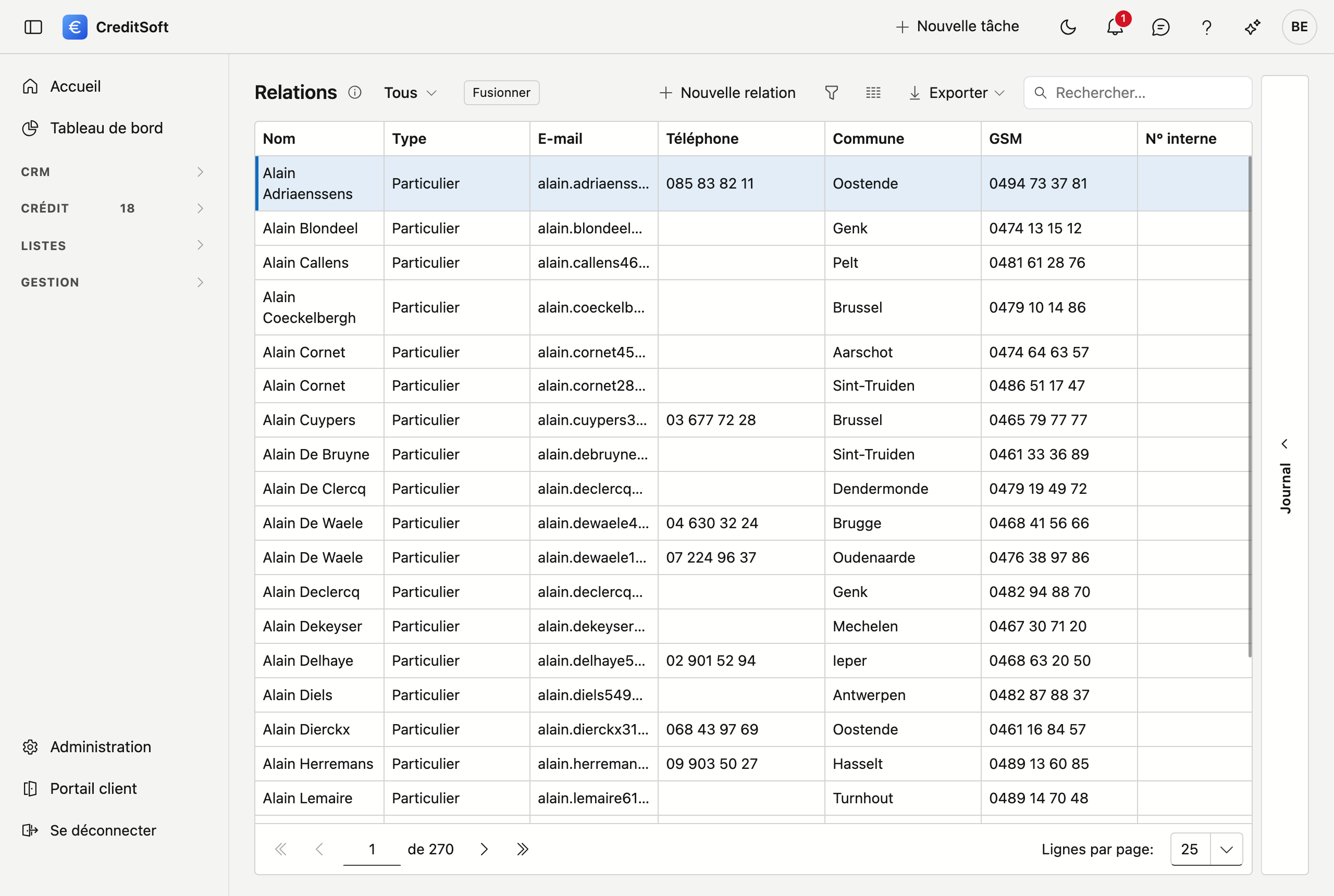 Les éléments fixes d'un écran de liste Un écran de liste dans CreditSoft avec en haut les boutons Nouveau, Choisir les colonnes et Exporter ainsi qu'un champ de recherche, et en dessous le tableau avec les en-têtes de colonne sur lesquels trier.