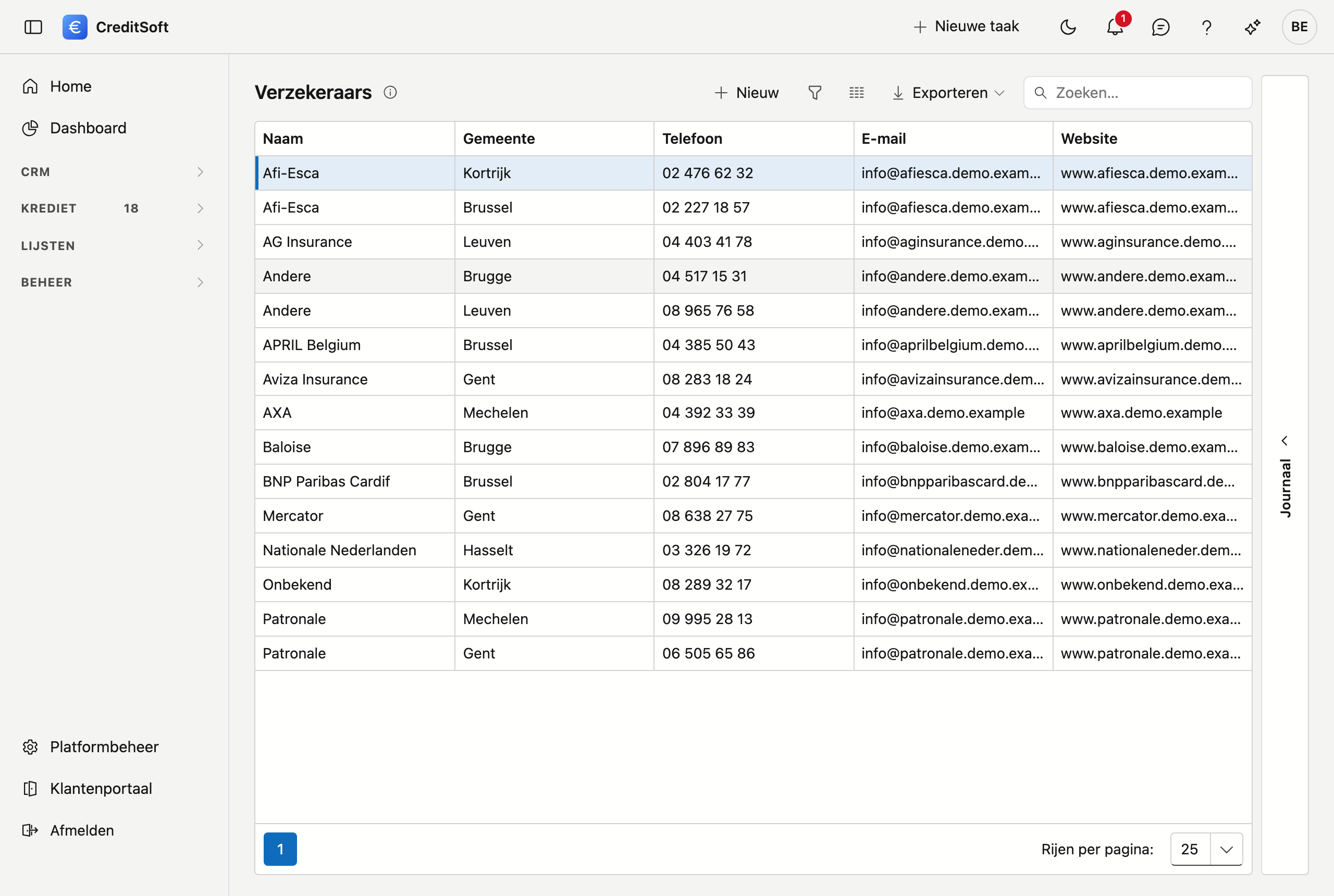 Overzicht van de verzekeraars voor de schuldsaldoverzekering Het scherm Verzekeraars in CreditSoft: een lijst van verzekeringsmaatschappijen met kolommen voor naam, gemeente, telefoon, e-mail en website, met bovenaan de knoppen Nieuw en Exporteren en een zoekveld.